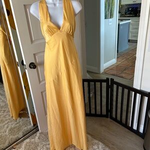 Meshki Size S Canary Yellow Satin V-Neck Sleeveless Dress With Low Draping Back